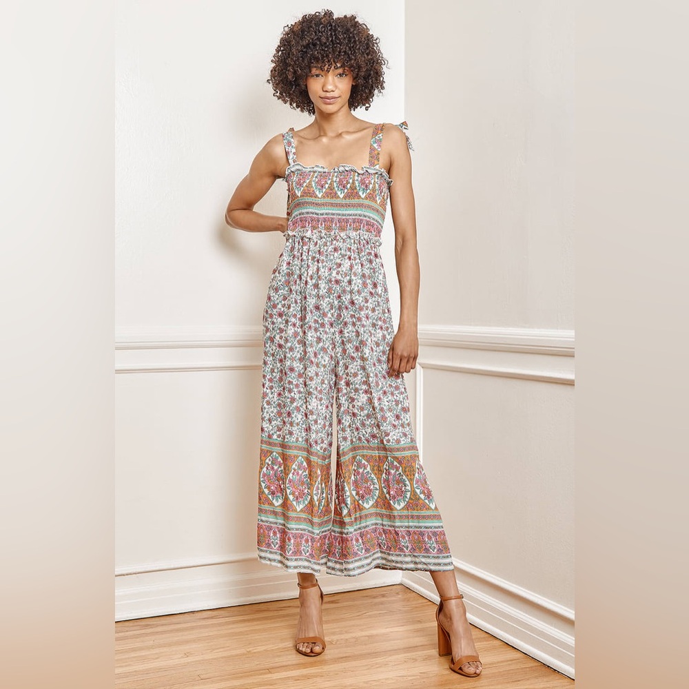 Smocked Tie-Strap Jumpsuit